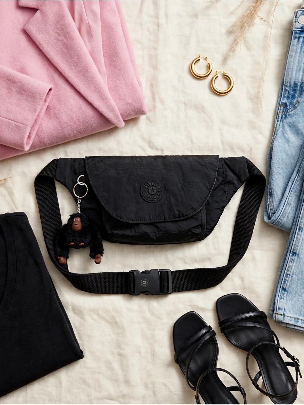 Kipling Black Nylon Belt Bag with Monkey Charm